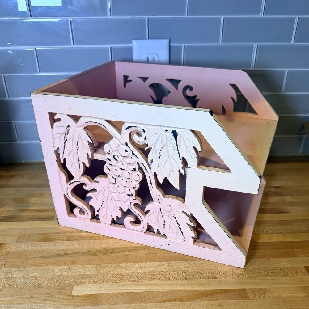 Vintage Pink Wood Free-Standing Magazine Rack, Grape & Leaf Cutout, 10x13"